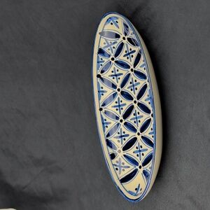 Hand-Painted Blue & White Ceramic Oval Tray by